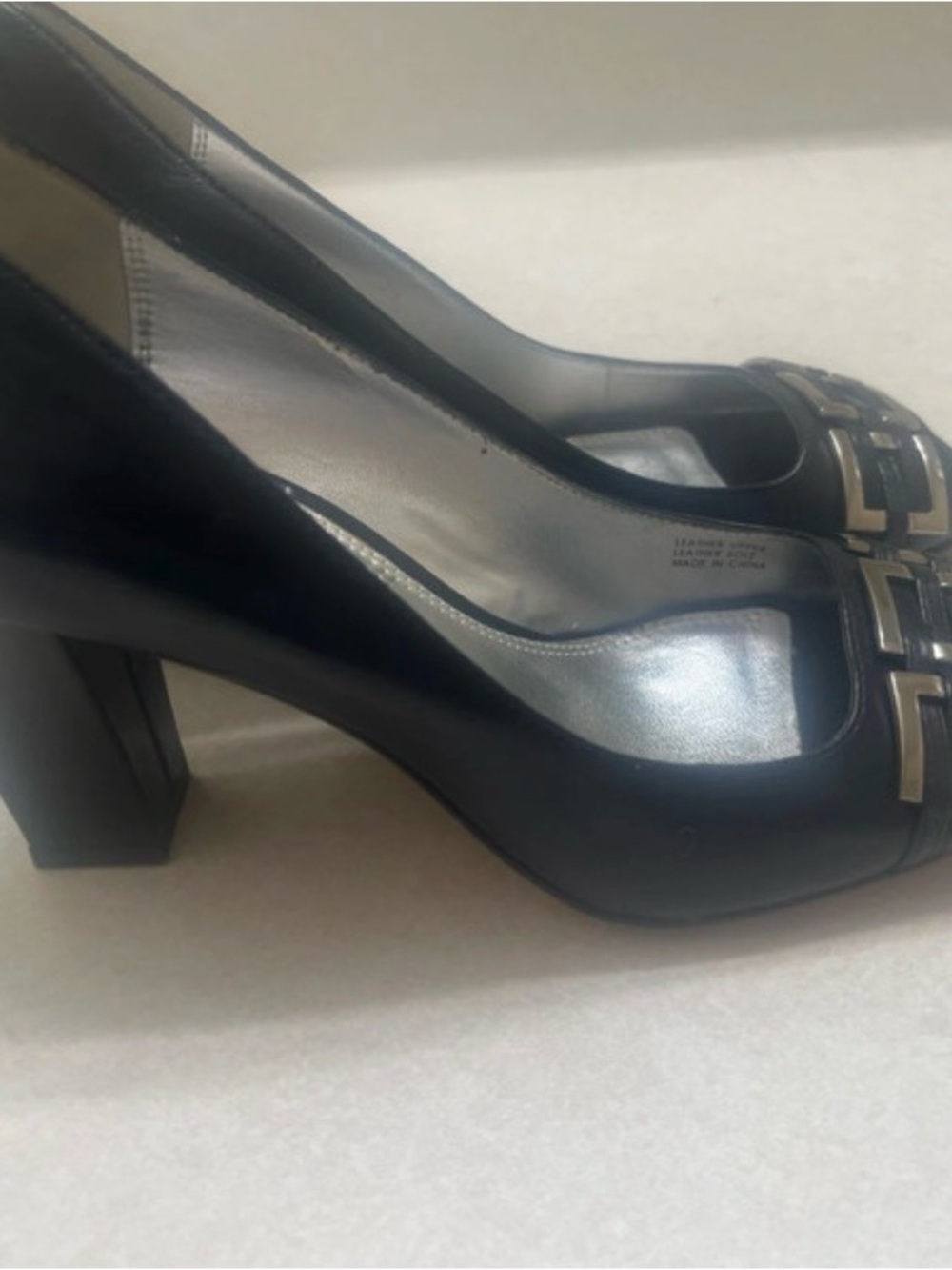 Tahari Black Leather Block Heel Pumps with Gold Accent